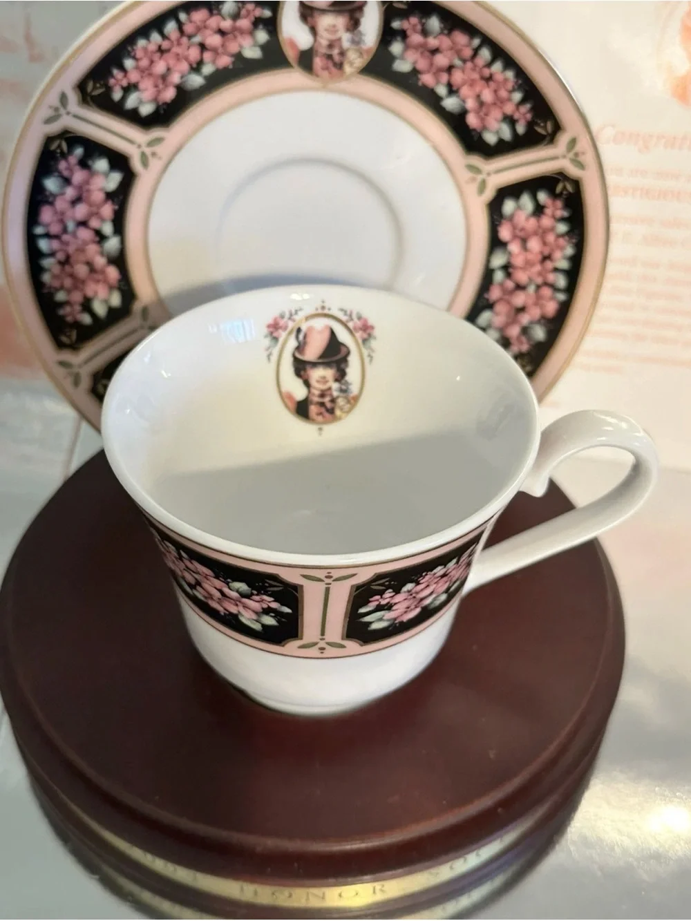 Avon Black Pink Floral Porcelain Teacup & Saucer with Gold Trim